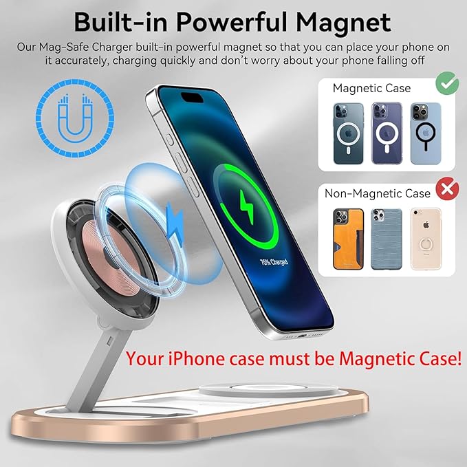 3 in 1 Fast Wireless Charger Stand for iPhone Foldable Travel Charging Station for Magsafe for iPhone 17/Air/16/15/14/13/12 Series Apple Watch Series AirPods pro/2/3/4 Gifts for Women Men (Golden)