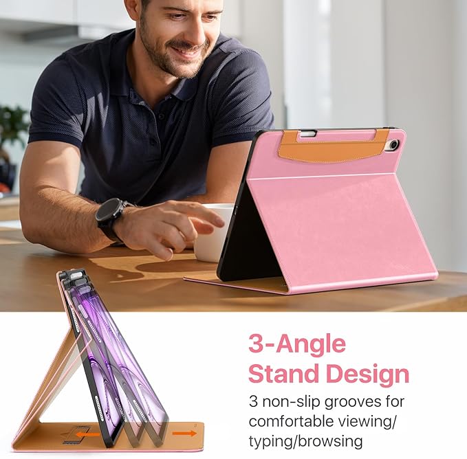 MoKo Case for iPad Air 13-inch (M4) 2026 / (M3) 2025 / (M2) 2024 with Pencil Holder &amp Hand Strap &amp Pocket Premium Leather Folio Stand Cover Multiple Viewing Angles Cinnamon Pink