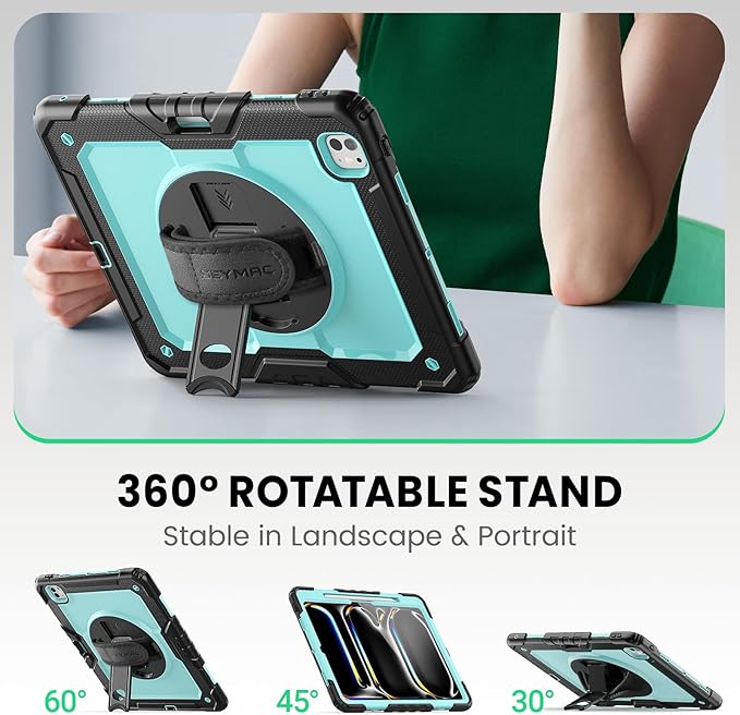 SEYMAC Case for iPad Pro 13 Inch M5 2025 / M4 2024 Heavy Duty Shockproof Protective Case with Screen Protector 360° Rotating Stand Hand/Shoulder Strap and Pen Holder Light Blue