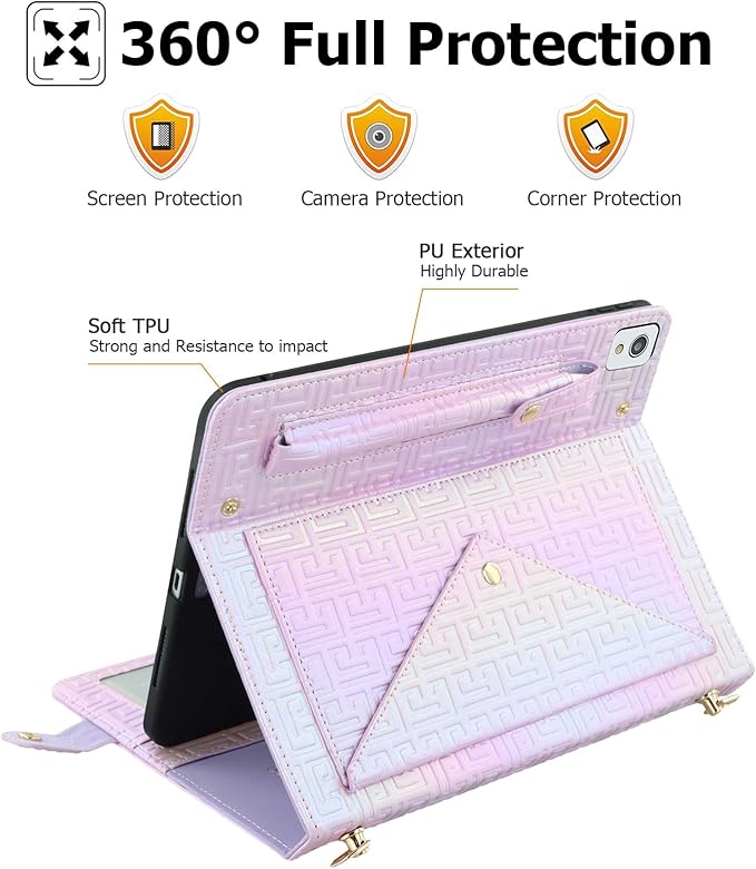 Dteck for iPad 9th/8th/7th Generation Case 10.2Luxury Sparkle PU Leather Kickstand Case with Pencil Holder Shoulder Hand Strap Card Slots Shockproof Protective Magnetic Pocket Wallet CasePurple