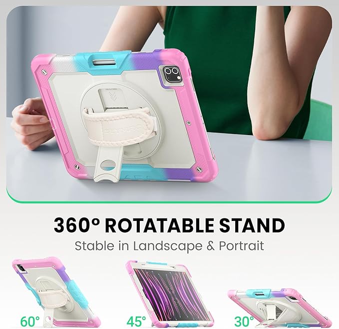 SEYMAC Case for iPad Pro 12.9 2022/2021/ 2020/2018 Heavy Duty Protection Shockproof Case with Screen Protector 360° Rotating Stand/Handle/Shoulder Strap Supports Pencil 2 Charging Colorful Pink