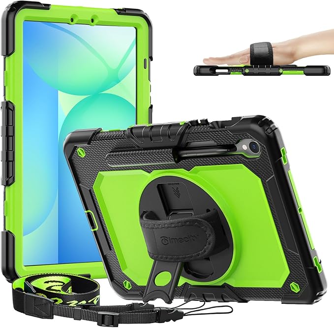 Timecity Case for Samsung Galaxy Tab S10 Lite/ S10 FE/ S9 FE/ S9 5G (10.9''/11'') Heavy Duty Protective Cover with Screen Protector Rotating Stand Shoulder Strap &amp S Pen Holder Green