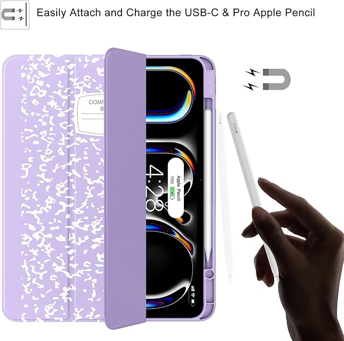 Soke Case for New iPad Pro 13 Inch (M5/M4 2025/2024 Release) with Pencil Holder Trifold Stand Shockproof [Support Apple Pencil Charging + Auto Wake/Sleep] Soft TPU Back Cover Book Lilac