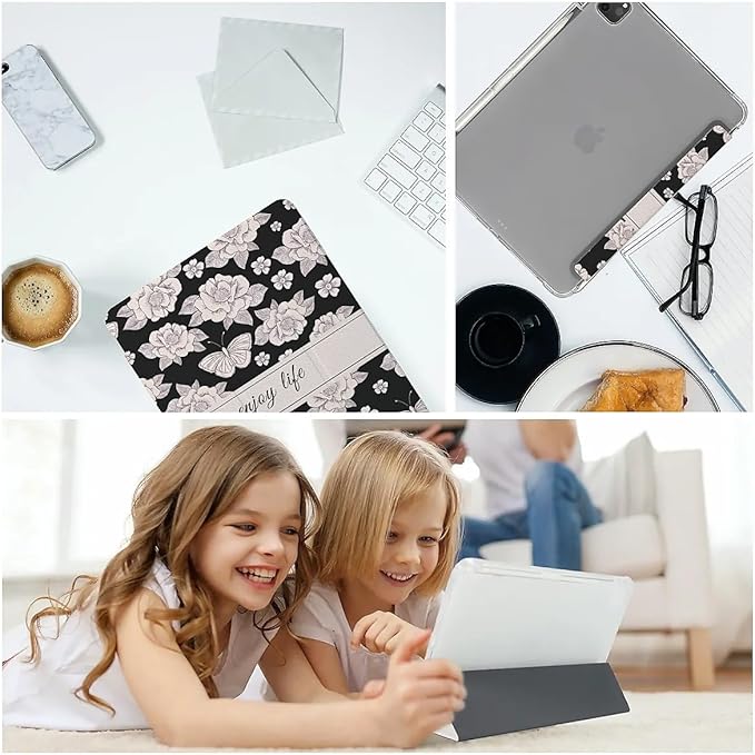 Vintage White Flowers and Butterflies Case Compatible with IPad 9th 8th 7th Generation 10.9 Inch 2021/2019/2018Funny Cover with Trifold Stand + Pencil Holder for Boys GirlsiPad Pro 11inch 2024