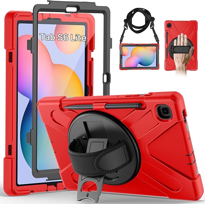 Gerutek Case for Samsung Galaxy Tab S6 Lite 10.4 2024/2022/ 2020 Full-Body Drop Protective Case with Screen Protector Pen Holder 360° Rotate Hand Strap &amp StandShoulder Strap Red