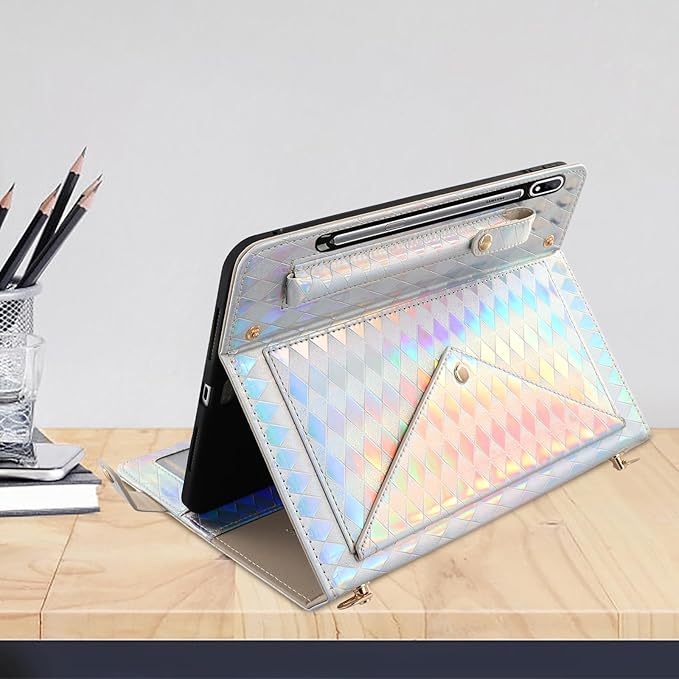 Tablet Carrying Shoulder Bag Case for Samsung Galaxy Tab S10 Lite/ S10 FE/S9 FE/S9/S8/S7 Iridescent Diamond Texture Envelope PU Leather Hand Strap Cards Holder Pocket S Pen Holder CaseSilver