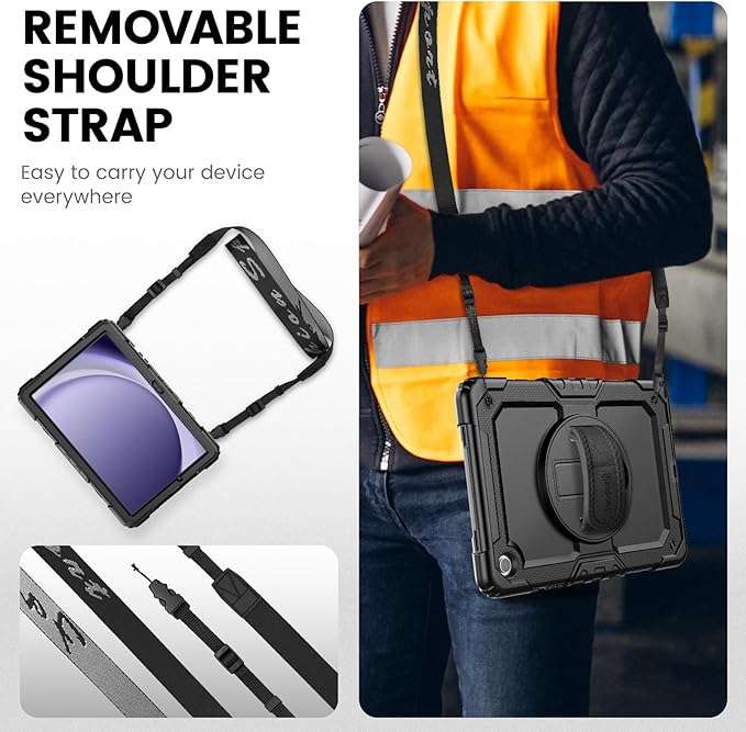 Timecity for Samsung Galaxy Tab A9+/ A9 Plus Case 11 inch Full-Body Protective with Screen Protector Rotating Stand/Handle and Shoulder Strap for Galaxy A9+ Tablet Case (SM-X210/X216/X218)- Black