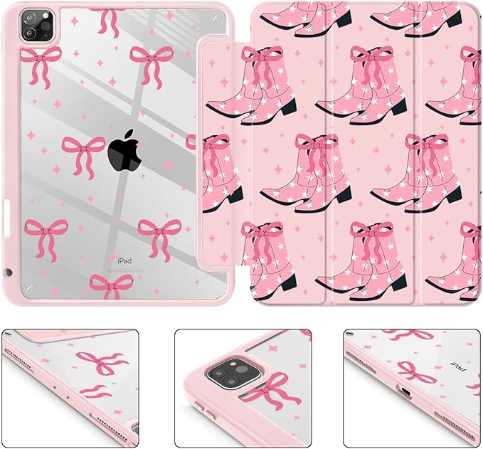 May Chen for iPad Pro 11 inch M2 4th Generation 2022 iPad Pro 11 3rd/2nd/1st Gen Built-in Pencil Holder with Shockproof Cover Clear Transparent Back Shell Auto Wake/Sleep Pink Boots Bows