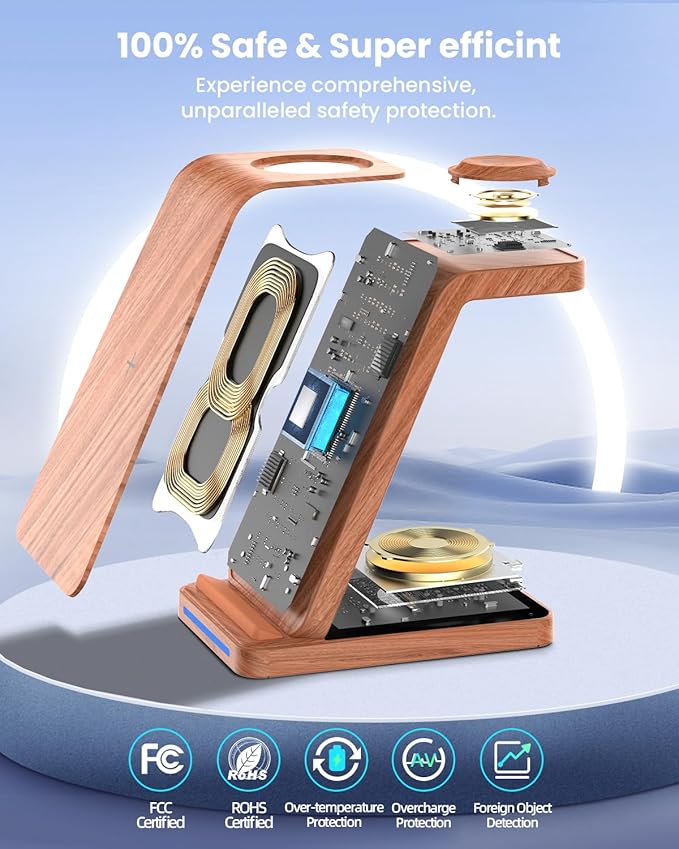 Wireless Charging Station 3 in 1 Wireless Charger Stand for Multiple Apple Devices Charging Dock for iPhone 16 15 14 13 12 11 Pro Max XS 8 Apple Watch 8 7 6 SE 5 4 3 2 3/2/Pro Wood