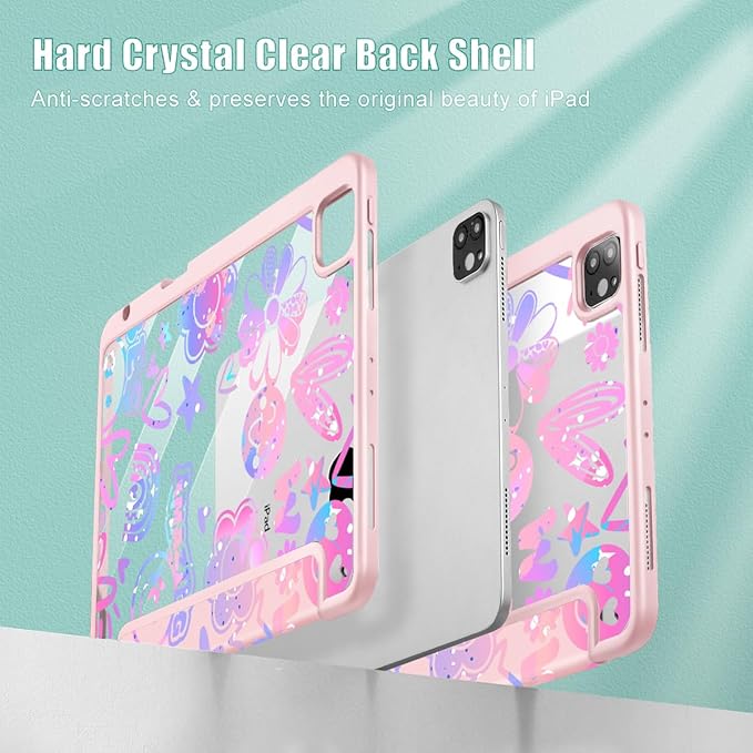 Tuiklol Case for iPad Pro 12.9 Inch M2 Case 2022 2021 2020 2018 Generation 6th/5th/4th/3rdBuilt-in Pencil Holder Clear Transparent Protective Back Shell Cover Fun Emotions Pink