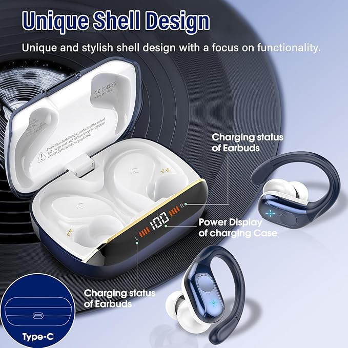 Wireless Earbuds Bluetooth Headphones Stereo Deep Bass Sports Ear Buds with Earhooks Bluetooth Earbuds LED Display IP7 Waterproof Earphone Dark Blue