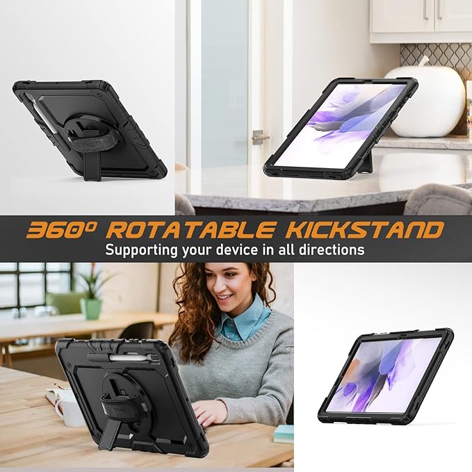 Timecity Case for Samsung Galaxy Tab S8 Plus/ S7 FE 5G Case 12.4'' with Screen Protector &amp 360° Swivel Kickstand &amp Hand Shoulder Strap for Galaxy Tab S7 FE/ S8 Plus/ S7 Plus 12.4 inch -Black