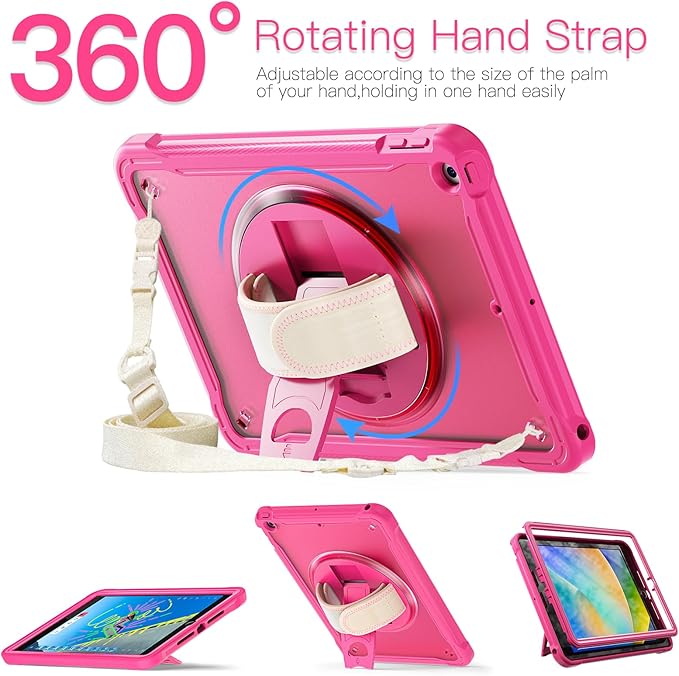 BRAECNstock for iPad 9th/ 8th/ 7th Generation Case 10.2 2021/2020/2019Shockproof Cover with 360° Rotating Hand Strap/StandScreen ProtectorCarrying Shoulder StrapPencil Holder(Rose Red)