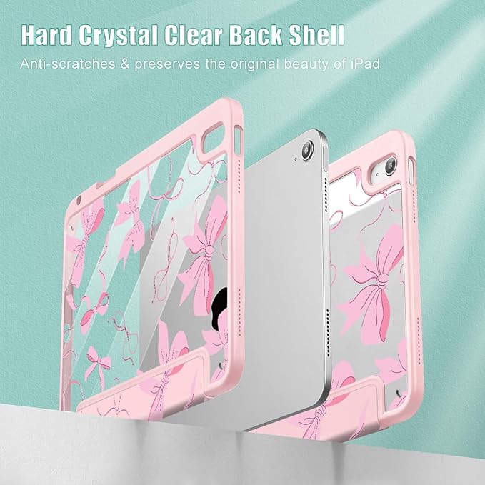 May Chen Case for iPad Air 13 Inch M4 2026 M3 2025 M2 2024 [Built-in Pencil Holder] Shockproof Cover with Clear Transparent Back Shell Auto Sleep/Wake Cover Pink Bows 13