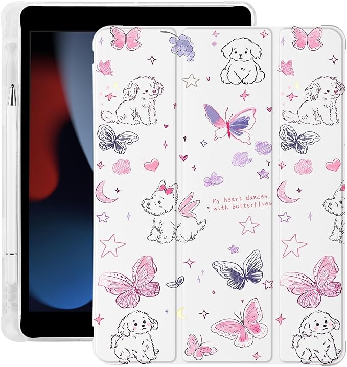 Cute Kawaii Puppy Butterfly for iPad mini 7 A17 Pro 2024/iPad Mini 6 Case with Pencil Holder Auto Sleep/Wake White Leather Soft TPU Back Cover