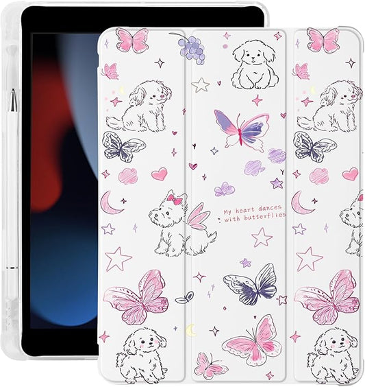 Cute Kawaii Puppy Butterfly for iPad mini 7 A17 Pro 2024/iPad Mini 6 Case with Pencil Holder Auto Sleep/Wake White Leather Soft TPU Back Cover