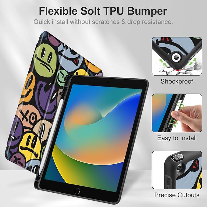 Mektron Designed Printed iPad 10.2 Case 9th Gen (2021)/ 8th Gen (2020)/ 7th Gen (2019) with Pencil Holder Slim Protective Case with Soft TPU Back Auto Wake/Sleep for iPad 10.2 Inch Smiling Face