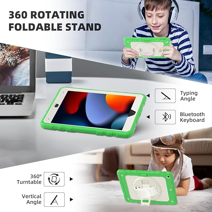 Case for iPad 9th/8th/7th Generation-Built-in Screen Protectorwith Pencil Holder&amp360°Rotating Hand StrapShoulder StrapCase for iPad 10.2 inch 2021-2019(Green/Beige)