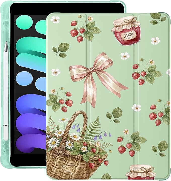 Cute Strawberry Bow for iPad Pro 11 Inch Case 4th/3rd/2nd Generation 2022/2021/2020 with Pencil Holder Auto Sleep/Wake Green Leather Soft TPU Back Cover