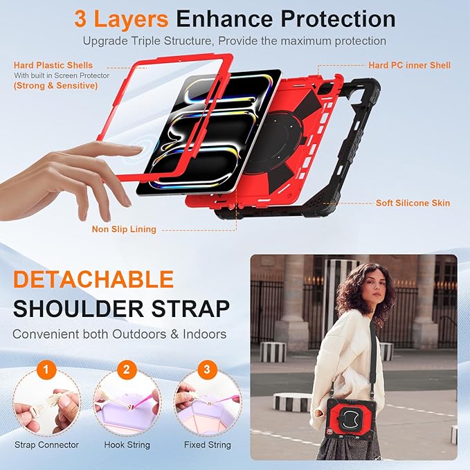 Case for iPad Pro 13 Inch M5 2025 / M4 2024 Auorld for iPad Pro 13 Inch M5 2025 with Screen Protector 360 Degree Rotating Stand Shoulder Strap Pencil Holder Black Red