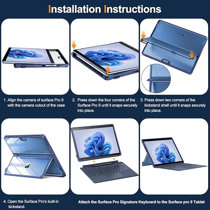 INFILAND Case Crystal Clear Multi-Angle Shockproof for Microsoft Surface Pro 9/10 Compatible with Surface Pro Signature Keyboard &amp Slim Pen 2 Blue