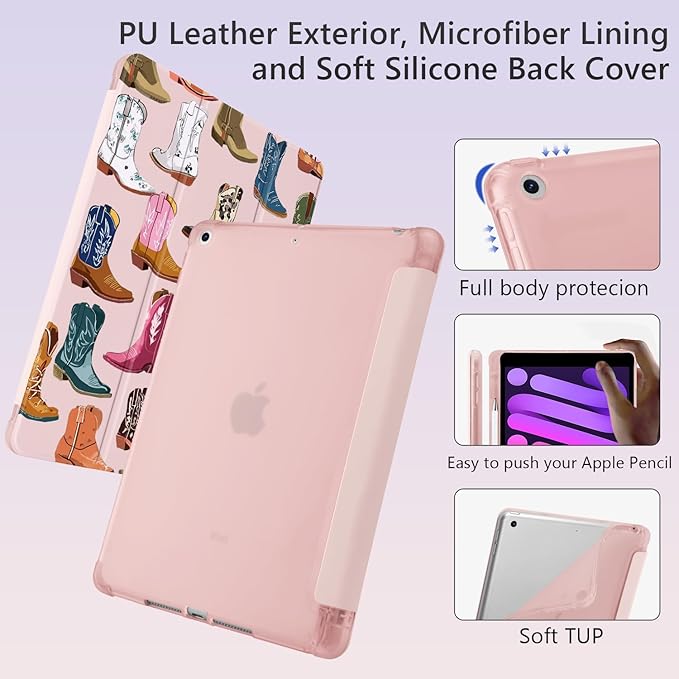 Cute Cowgirl Boots for iPad Pro 12.9 Inch Case 5th/6th Generation 2022/2021/2020 with Pencil Holder Auto Sleep/Wake Pink Leather Soft TPU Back Cover