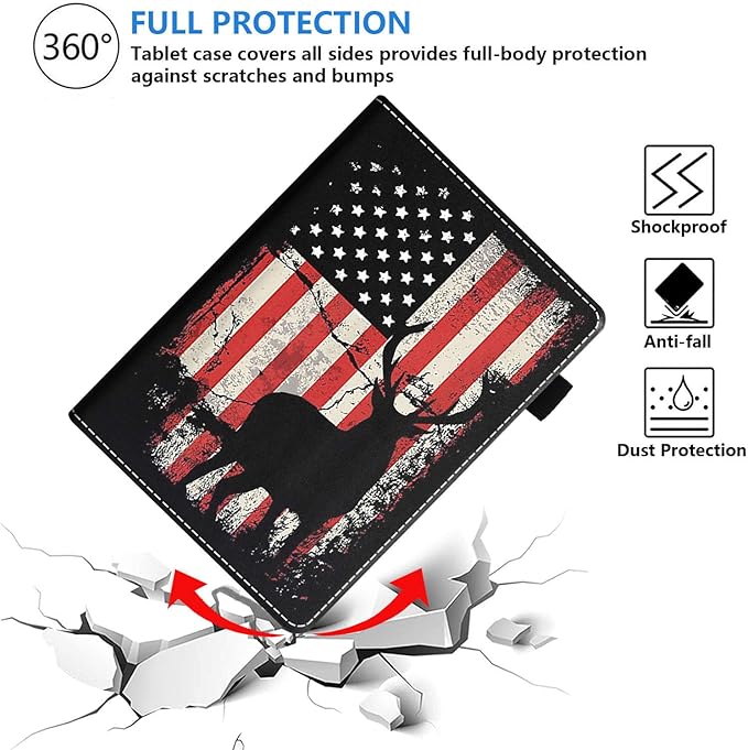 Case for Amazon Kindle Fire HD 10 Tablet 10.1 (9th/7th Generation 2019/2017 Release) Premium PU Leather Stand Cover with Smart Auto Wake American Flag Deer