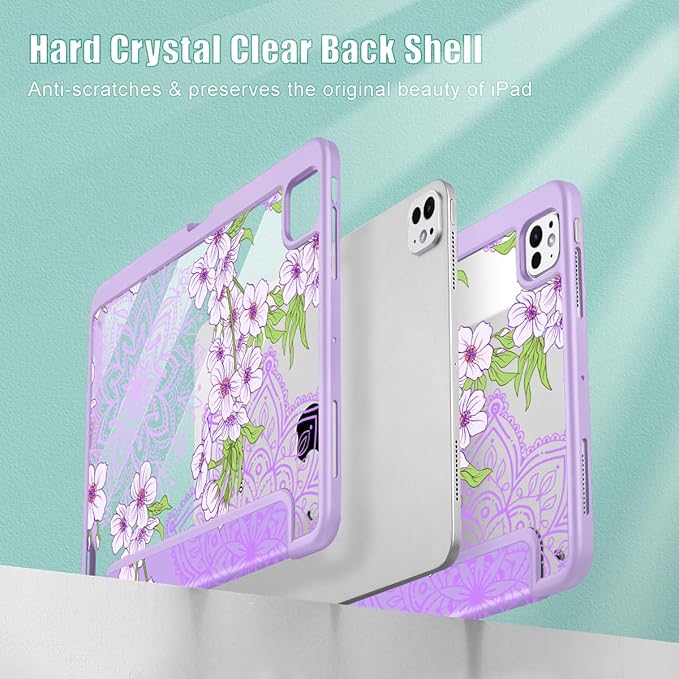 Mektron Case for M5/ M4 iPad Pro 11 inch 2025/2024 with Pencil Holder Compatible Models: A3357/A3358/A3359/A2836/A2837/A3006 Shockproof Cover Clear Shell Blossom Sakura-Purple