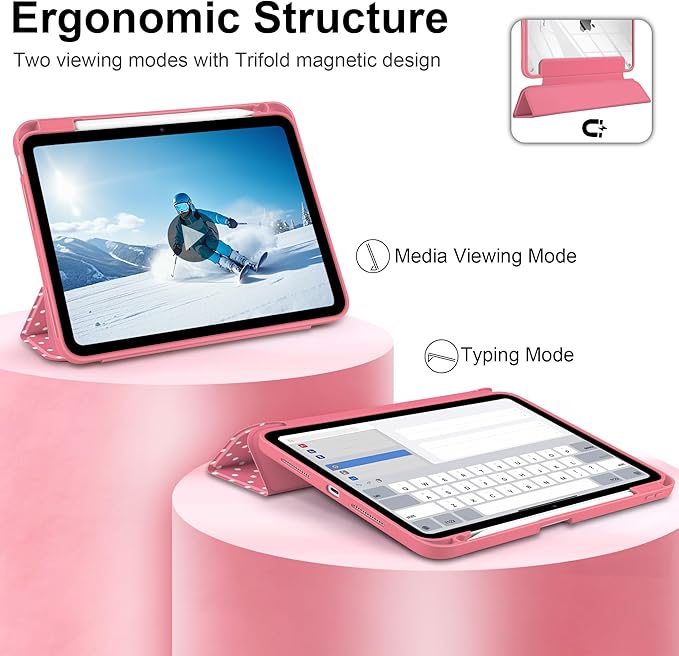 Case for iPad Pro 11 Inch (M5 2025 M4 2024) – [Built-in Pencil Holder] Shockproof &amp Stylish Clear Hard Back + Soft TPU Edge Magnetic Trifold Stand Auto Wake/Sleep Rose red White dot
