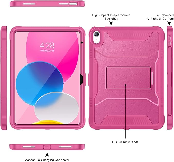 Soke Case for iPad (A16) 11th Generation 11-inch 2025 iPad 10th Generation 10.9-inch 2022 with Built-in Screen Protector and Kickstand Rugged Full Body Protective Cover - Hot Pink