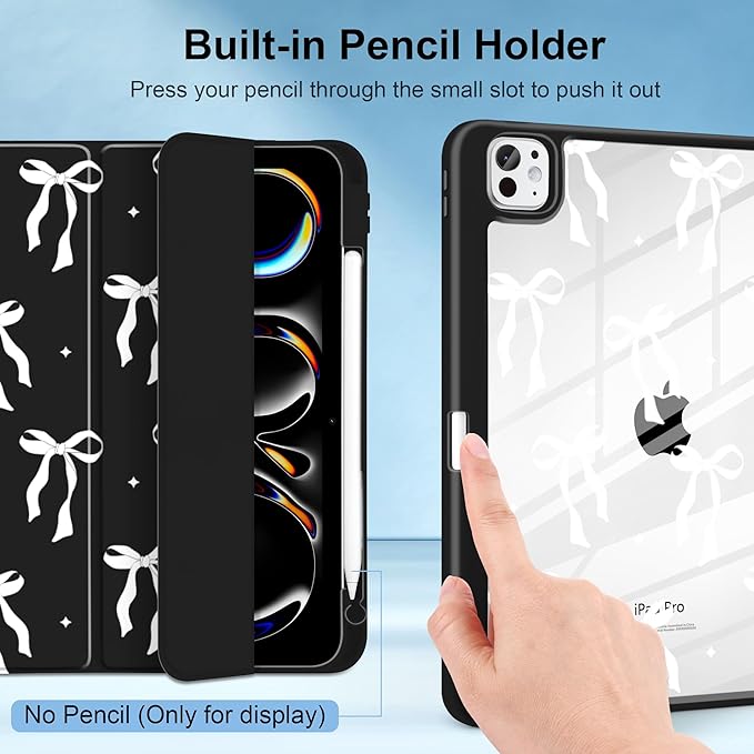 MecBevia Case for iPad Pro 11 inch M5 2025 / M4 2024 (6th/5th Gen) A3357 A3358 A3359 A2836 A2837 A3006 – Built-in Pencil Holder &amp Auto Wake/Sleep White Bow