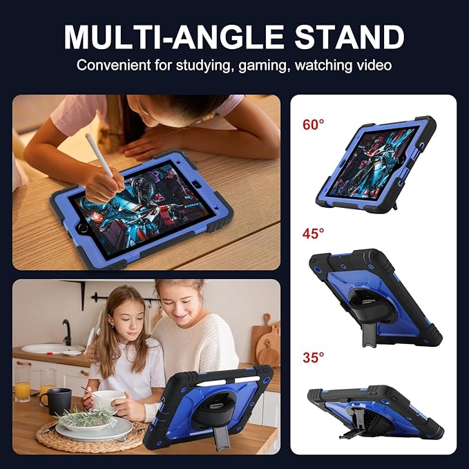 for iPad 9th/8th/7th Generation CaseiPad 10.2 Case 2021/2020/2019 with Cute Key Chain Rugged Protective Case with 360°Rotating Stand &amp Shoulder Hand Strap &amp Pen Slot for 10.2 Inch (Black+Bl