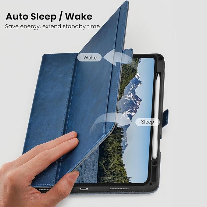 Handmade Case for iPad Pro 13 Inch (M5/M4) 2025/2024 with Pencil Holder PocketMagnetic ClosureAuto Sleep/WakeVegan Leather Folio Protective CoverMulti Angles StandDark Blue