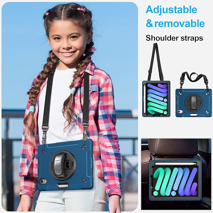Case for iPad mini 7 (A17 Pro)/ Mini 6 8.3 INCH: TPU Cover for iPad mini 7th/6th Generation 8.3 Inch with Screen Protector- Stand + Handle + Shoulder Strap + Pencil Holder- Blue