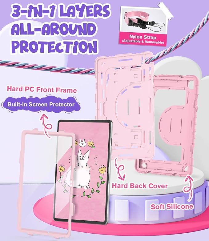 OKP Case for Samsung Galaxy Tab A9+ Plus 11 Inch 2023/ A11 Plus 2025 Shockproof Rugged 11 Galaxy A9+/ A11+ Tablet Cover with Built-in Screen Protector Shoulder Strap Kickstand Pink+Light Pink