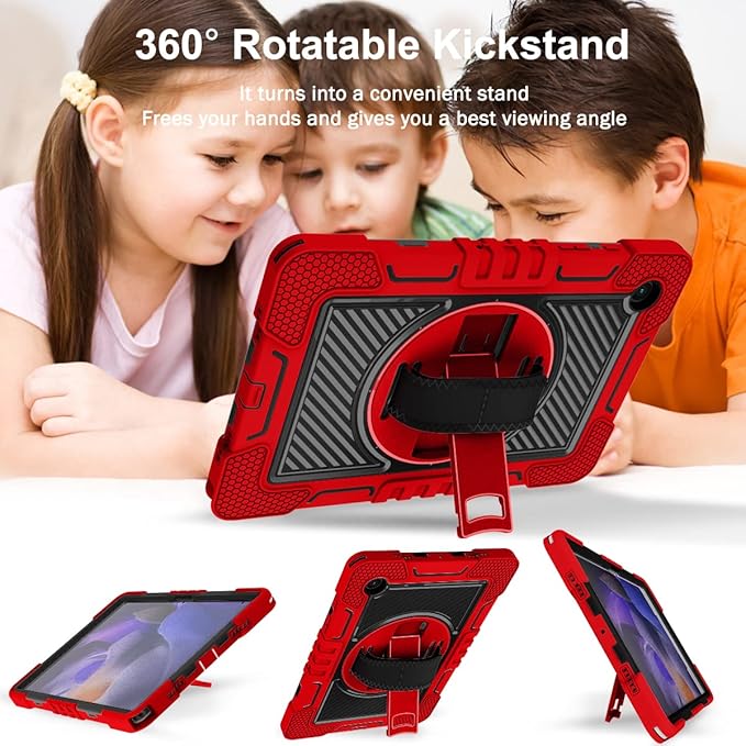 Case for Samsung Galaxy Tab A8 10.5 inch Tablet 2022 (SM-X200/X205/X207) with Hand Strap &amp Shoulder Strap [360° Rotating Kickstand] Hard Rugged Shockproof Swivel Stand Cover Red + Black