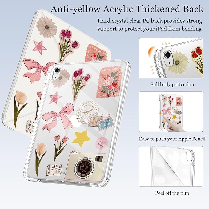 Cute Stamp Flower Bow for iPad (A16) 11th/10th Generation Case 11 Inch/10.9 Inch 2025/2022 with Pencil Holder Auto Sleep/Wake White Leather Acrylic Back Detachable Cover