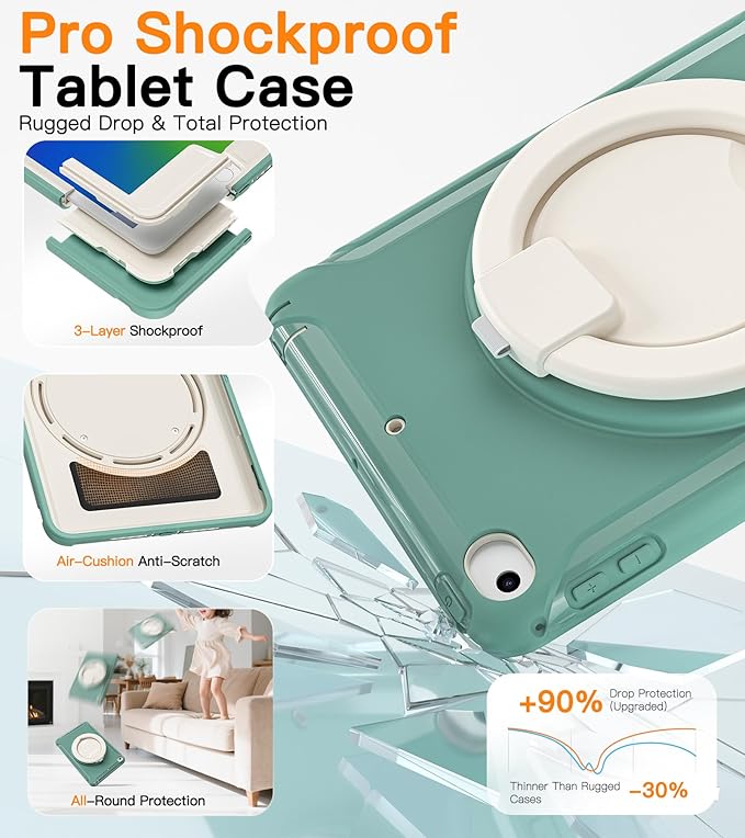 BATYUE Shockproof Case for iPad mini 4/5 (2015/2019) - 360° Multi-Angle Stand (Portrait &amp Landscape) &amp Grip Pencil Holder (Elastic Loop) Multi-Scene for All Ages Jade Green