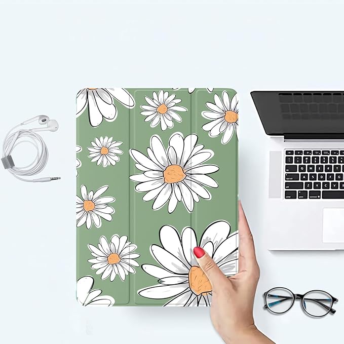 JOYLAND Cute Daisy Printed Case Compatible with iPad 9th/8th/7th Generation 10.2 Inch (2021/2020/2019 Release) Pencil Holder &amp Clear Transparent Soft TPU Back &amp Trifold Smart Pad Green Cover