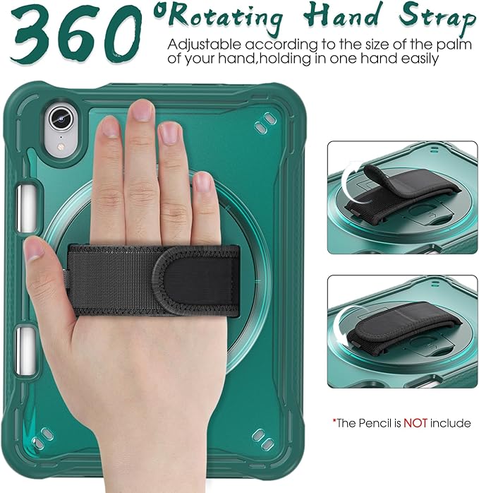 BRAECNstock Case for iPad mini 7 (A17 pro) 2024 &amp Mini 6 2021 8.3-inchShockproof Protective Cover with Pencil HolderScreen Protector360° Rotating Hand Strap/Stand-Midnight Green