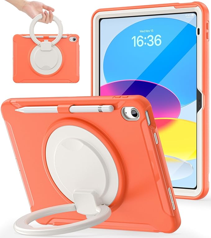 BATYUE Shockproof Case for iPad 10th Gen 10.9 2022 / 11th Gen (A16) 11 2025 | 360° Multi-Angle Stand (Portrait &amp Landscape) &amp Grip Built-in Screen Protector Pencil Holder Coral Orange