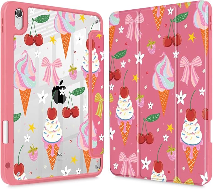 Case for iPad 11 inch A16 2025 Generation 11th / iPad 10.9 inch 2022 10th Gen Buit in Pencil Holder with Shockproof Cover Clear Transparent Back Shell Auto Wake/Sleep Ice Cream-Bows-Red