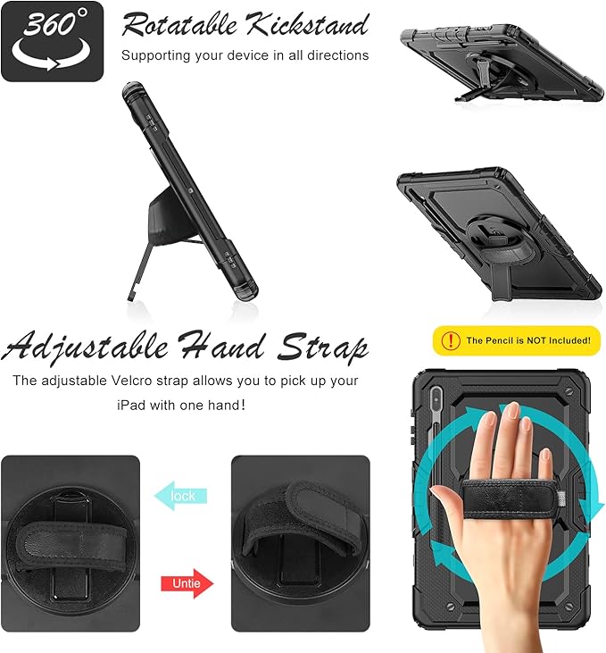 Case for Samsung Galaxy Tab S8 Plus 2022/S7 FE/S7 Plus 5G 12.4-inch Tablet Case Protective [with Screen Protector] Rotatable Kickstand S Pen Holder Hand/Shoulder Strap (Black)