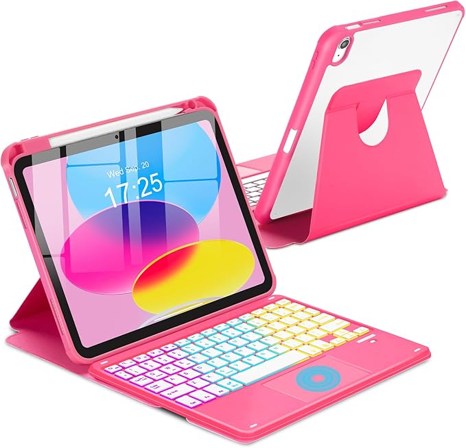 Touchpad Keyboard Case for iPad (A16) 11th 10th Generation 360 Rotation Cover with Pencil Holder Wireless Backlit Detachable Keypad for iPad 11 inch 2025/10 Gen 10.9 2022 Watermelon Red
