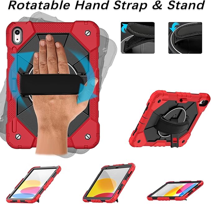 Weuiean Case for iPad A16 11th/10th Generation 11/10.9 Military-Grade Heavy-Duty Shockproof Cover with 360° Rotating Stand Built-in Pencil Holder &amp Adjustable Hand/Shoulder Strap - Red+Black