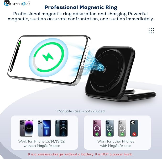 Meenova Foldable 3 in 1 Wireless Charger Compatible with MagSafe Apple iPhone 15 14 13 12 Watch AirPods Lightweight PortableStrong Magnetic Attraction Suitable for Outdoor Offices etc. (Black)