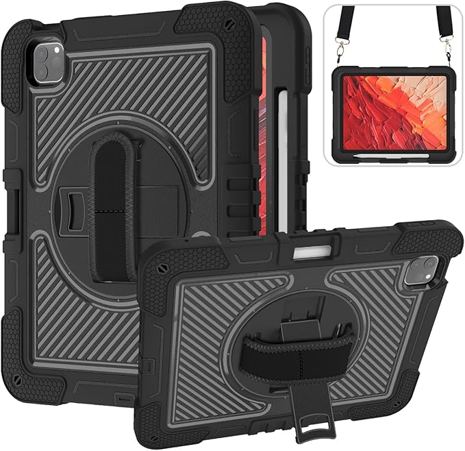 Shockproof Case for iPad Pro 11-inch M5/M4 (2025/2024) Cover with Hand/Shoulder Strap Techcircle Heavy Duty Rotating Kickstand Rugged Defender Protective Case with Pencil Holder Black