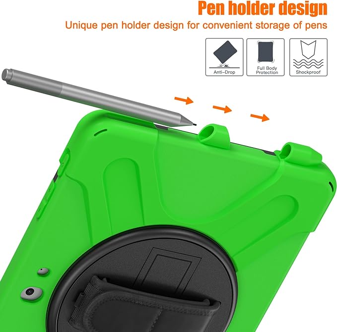 ZenRich Rugged Case for Surface Go 4 (2023)/Surface Go 3 (2021)/ Surface Go 2 (2020) Surface Go (2018) with Pen Holder Heavy Duty Shockproof Case with Stand Hand Strap and Shoulder Belt-Green