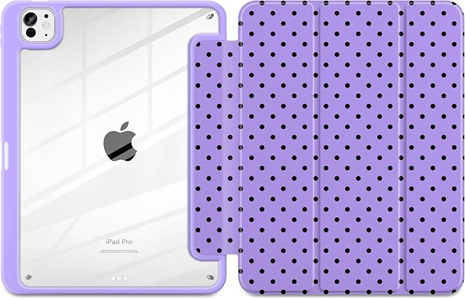 Case for iPad Pro 11 Inch (M5 2025 M4 2024) – [Built-in Pencil Holder] Shockproof &amp Stylish Clear Hard Back + Soft TPU Edge Magnetic Trifold Stand Auto Wake/Sleep Purple Polka dot