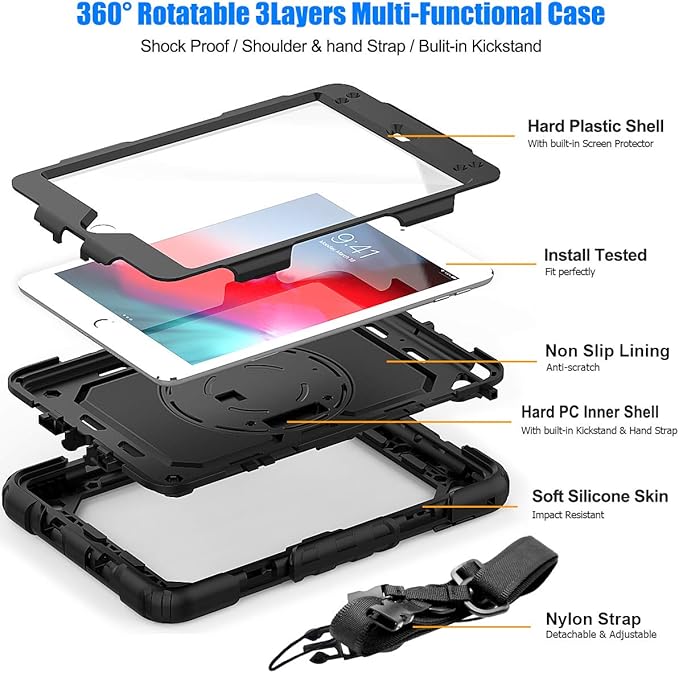 SEYMAC stock Case for iPad mini 5/4 with Screen Protector Pencil Holder [360 Rotating Hand Strap] &amp Stand Drop-Proof Case for iPad mini 5th/4th Generation 7.9 inch (Black)